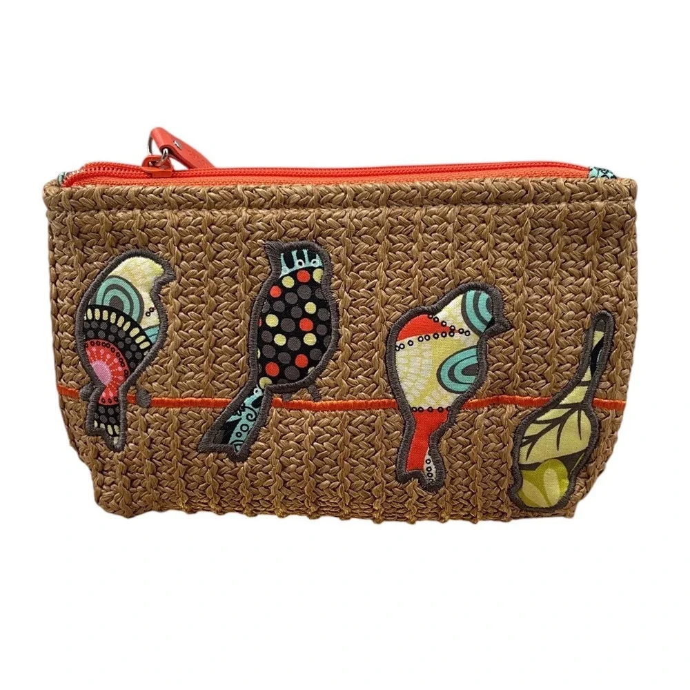Vera Bradley Woven Straw Bird on a Wire Cosmetic Bag Pouch Tan Orange Multi